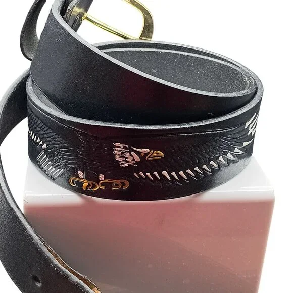 Vintage Black Leather Belt with Gold Buckle & Stamped and Painted Eagle Design